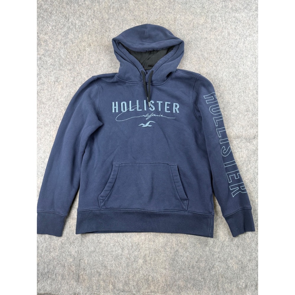Hollister Hoodie Mens Small Navy Blue Cotton Blend Fleece Pullover Logo Preppy